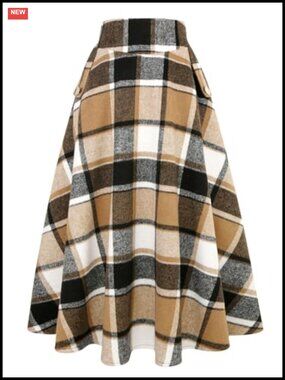 High Waisted Wool Blend Plaid A-Line Maxi Long Skirt